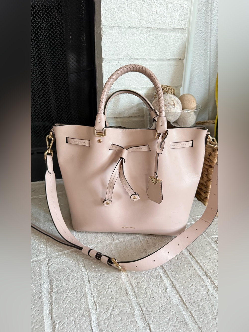 Michael Kors Blakely Leather Bucket Bag Blush Pink Braided Handle Crossbody